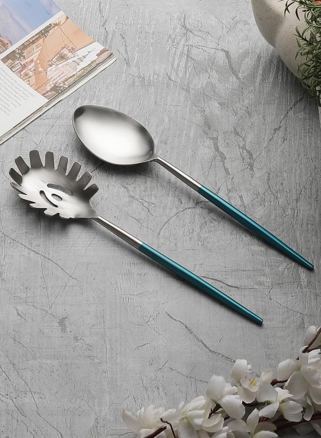 VarEesha Radiant Blue Handled Matt Finish Stainless Steel Salad Serving Spoons Set of 2 | Elegant Lead Free Stainless Steel Server Set for Dinner| Serving Spoons for Dining Table| Cutlery for Gifting - Image 2